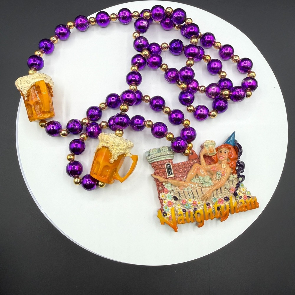 Naughtyland Mardi Gras Purple Bead Necklace Beer Mug Figural Pendant Carnival